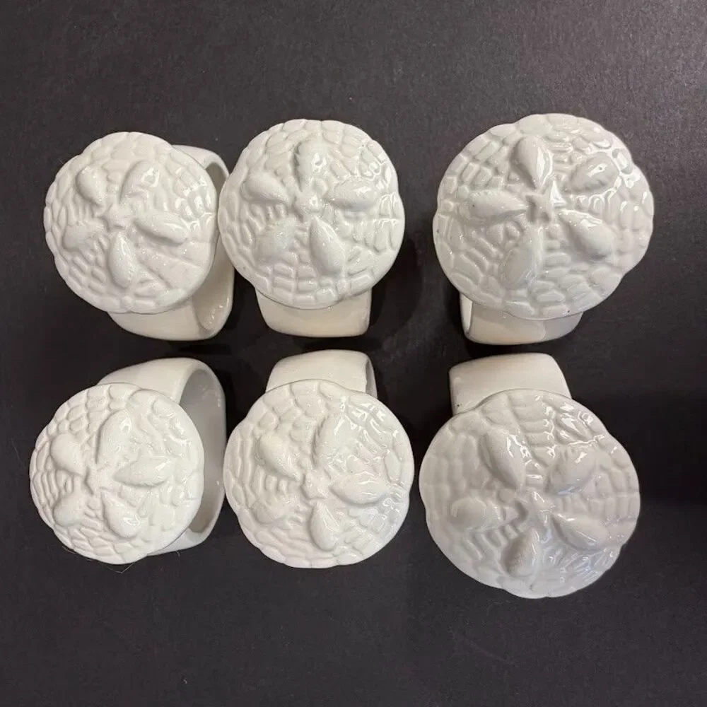 Set of 6 Vintage White Ceramic Sand Dollar Napkin Rings, Coastal Beach, EUC